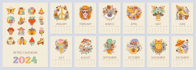 2024 calendar template. Retro art, groovy psychedelic style. Months pages with sketch of hippie girl, acid eye, cat, mushroom, cactus, peace symbol. Wall hippie calender design, week starts on sunday