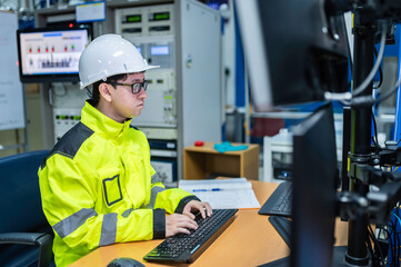 Inside the large Industry Factory Female Computer Engineer Works on Personal Computer She coding program for control machine,Thailand people work on fours monitors,Programmer working with serious