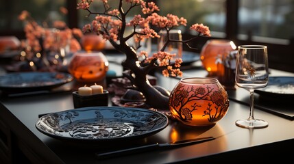 
Christmas feast decor, Chinese minimalist style. Red shade of decorative elements with a dragon. Flower Arrangements for Chinese New Year