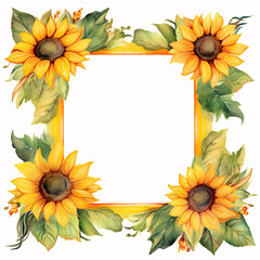 Sunflower decorative frame, Hand drawn style watercolor illustration, isolated on white background