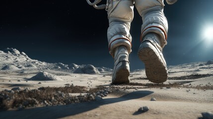 Close up of feet wearing astronaut boots, moonwalk.  - obrazy, fototapety, plakaty