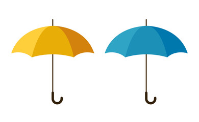 Seasonal rain umbrellas. Yellow and blue umbrella. Vector umbrellas isolated on white background.