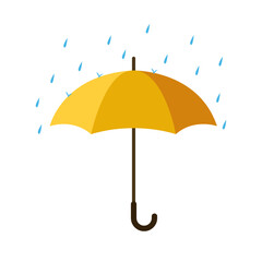 Yellow umbrella with rain. Vector illustration. Isolated on white background. 