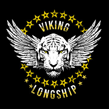 Viking longship. T-shirt design of a tiger face with wings, stars and text. vector illustration for rock music.