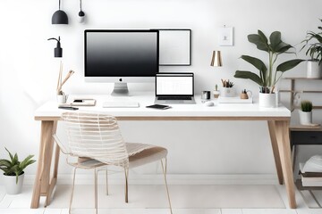 Blogger or independent contractor workspace with front view of laptop and white background. desk for a home office