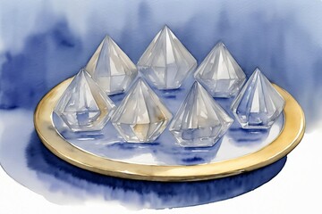 A Group Of Crystal Pieces Sitting On Top Of A Gold Tray