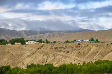 Beautiful Tsarang aka Charang Village desert Landscape  in Upper Mustang of Himalayas in Nepal