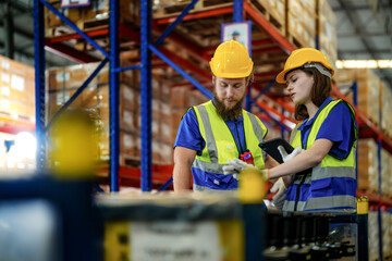 checking and inspecting metal machine part items for shipping. male and woman worker checking the...