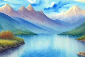 A Painting Of A Lake With Mountains In The Background