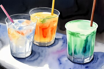 Three Different Colored Drinks Sitting On Top Of A Table