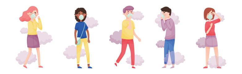 People Wearing Masks Because of Bad Air and Dust in the City Vector Set