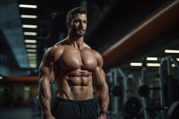 a handsome white american athlete bodybuilder with healthy muscular body standing shirtless with naked torso in a gym. blurry fitness gym in the background. Generative AI	 - obrazy, fototapety, plakaty