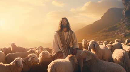 Fototapeta premium Jesus shepherding the sheep in evening sky
