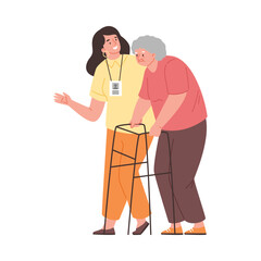 Female volunteer helping elderly woman to walk with rollator, flat vector illustration isolated on white background.