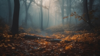 Morning fog in the autumn forest. Fall. Fall forest. Forest landscape. Autumn nature. Sunshine
