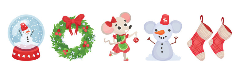 Christmas Objects with Ball, Wreath, Mouse, Snowman and Stockings Vector Set