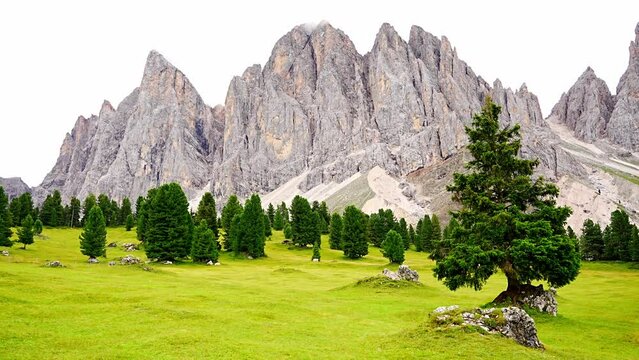 Dolomite landscape in Puez Odle Nature Park - view from alpine plateau with green meadows, Italy
