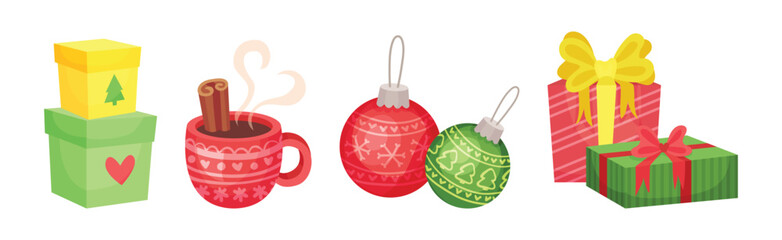 Christmas Objects with Gift Box, Warm Drink and Baubles Vector Set