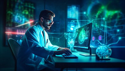 Doctor using technology document management on computer system