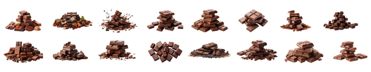 Realistic chocolate bar pieces set on transparent background. Chocolate png bundle