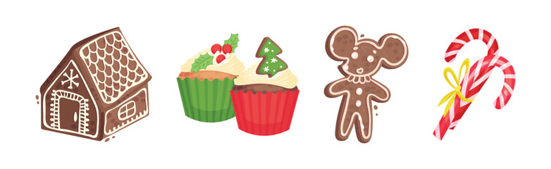 Christmas Objects with Cupcake, Candy Cane and Gingerbread Cookie Vector Set