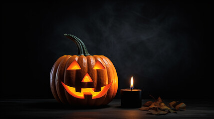 Carved Lit Pumpkin or Jack-O-Lantern with Candle Next to It on Matte Black Background with Witchy Aesthetic - Halloween and Spooky Season Theme - Generative AI