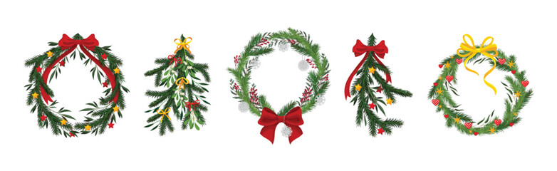 Green Christmas Fir and Pine Wreath and Branch with Ribbon Bow Vector Set
