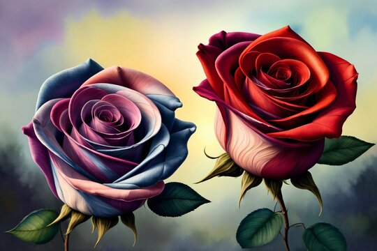 A Painting Of Two Red And Blue Roses