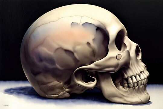 A Painting Of A Human Skull On A Black Background