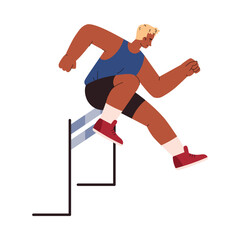 Athletic man jumping high over bar, flat vector illustration isolated on white background.