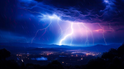 Powerful thunderstorm with rain and lightning strikes against a dark cloudy sky at night. Over a city, causing power outs and floods.