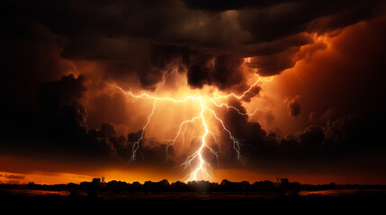 Powerful thunderstorm with rain and lightning strikes against a dark cloudy sky at night. 