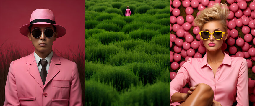 Fashion surreal collage. Glance fashion art portrait  with pink and green colors. Advertising design for cosmetics, beauty salon, glamour sites. 