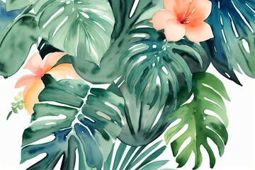 A Watercolor Painting Of Tropical Leaves And Flowers