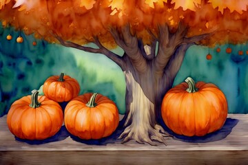 A Painting Of Pumpkins In Front Of A Tree