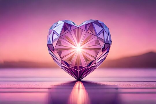 Crystal heart on a purple pink background with copy space, banner, flat lay, top view. Generative AI