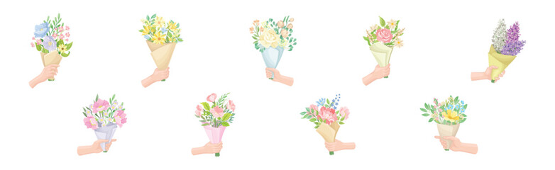 Hands Holding Flower Bouquets Wrapped in Paper Vector Set