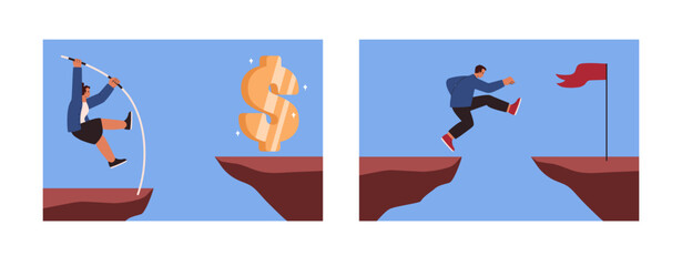 Business challenge, success strategy, risk concept, business woman and man jumping to achieve financial high results over the cliff. Big golden dollar vector illustration