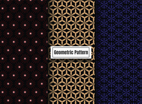Collection of seamless vector patterns, 3 color geometric oriental background design...