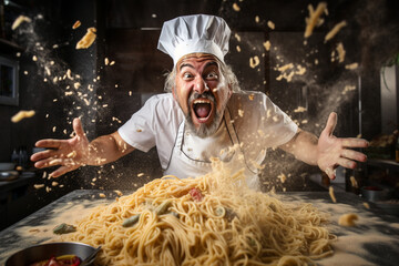 Crazy cheerful chef cooks pasta. AI generated.