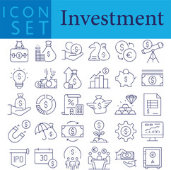 Investment icon set. Containing investor, mutual fund, asset, risk management, economy, financial gain, interest and stock icons. Solid icon collection
