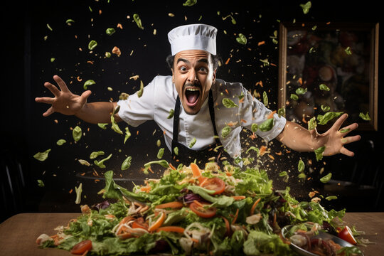 Crazy cheerful chef makes and prepares salad. AI generated.
