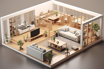 3D rendering, cut model of a section of a residential building, apartment with furniture and lighting. AI generated.