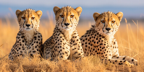 Three young leopards are resting in the grass. Kenya National Park. AI generated. - obrazy, fototapety, plakaty