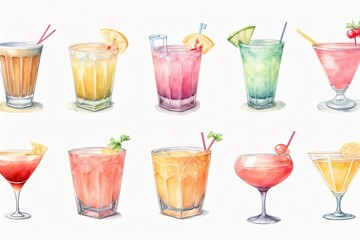 A Number Of Different Types Of Drinks On A White Background