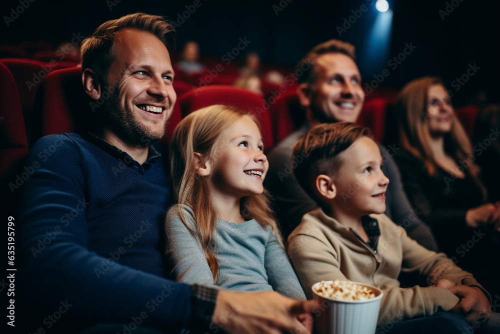 Wall mural an american-looking family enjoys sitting in a movie theater. ai generated.