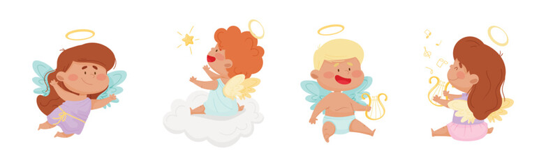 Cute Baby Angels with Nimbus and Wings Vector Set