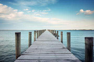 The wooden jetty leads far out to sea. AI generated. - obrazy, fototapety, plakaty