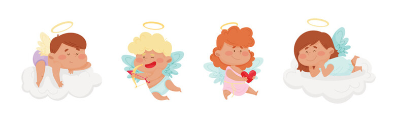 Cute Baby Angels with Nimbus and Wings Vector Set
