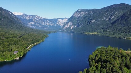 Naklejka na ściany i meble drone photo Bohinj lake, Bohinjsko jezero slovenia europe